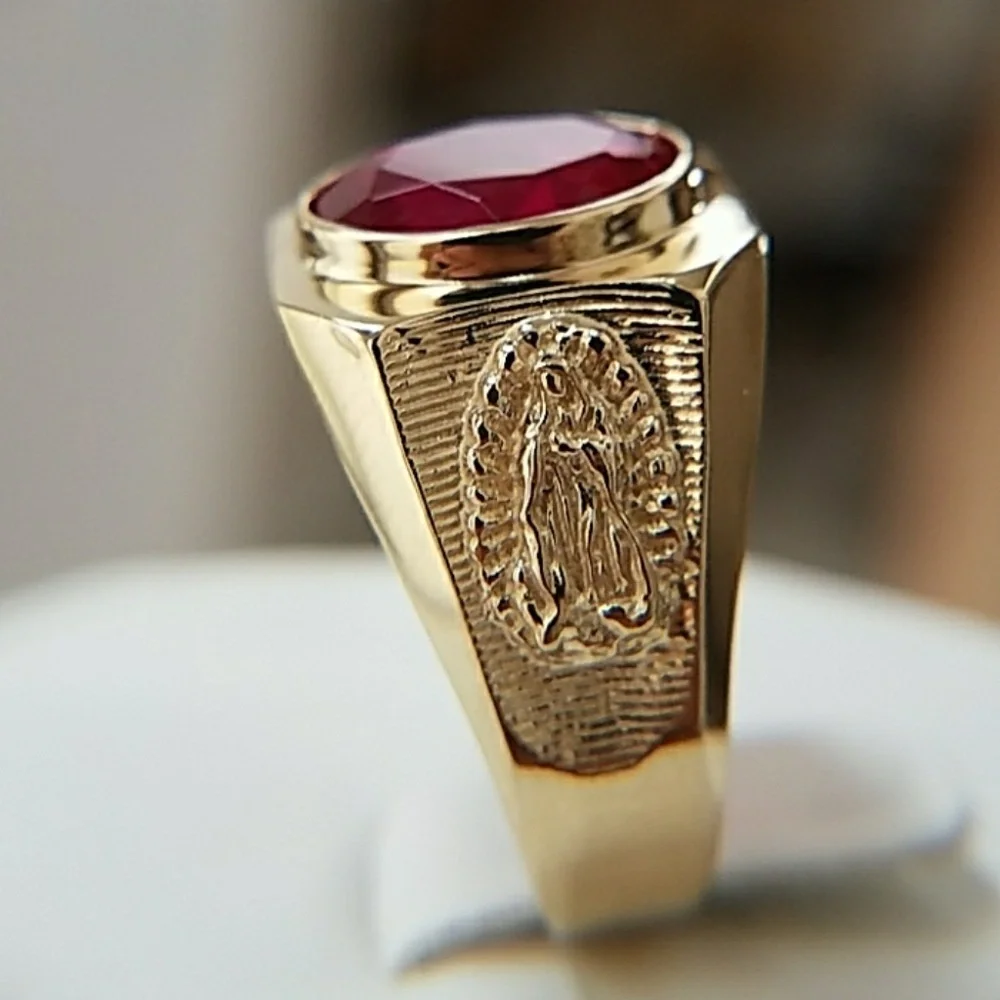 15mm 14k Yellow Gold Men's nugget Religious Ruby Guadalupe Ring